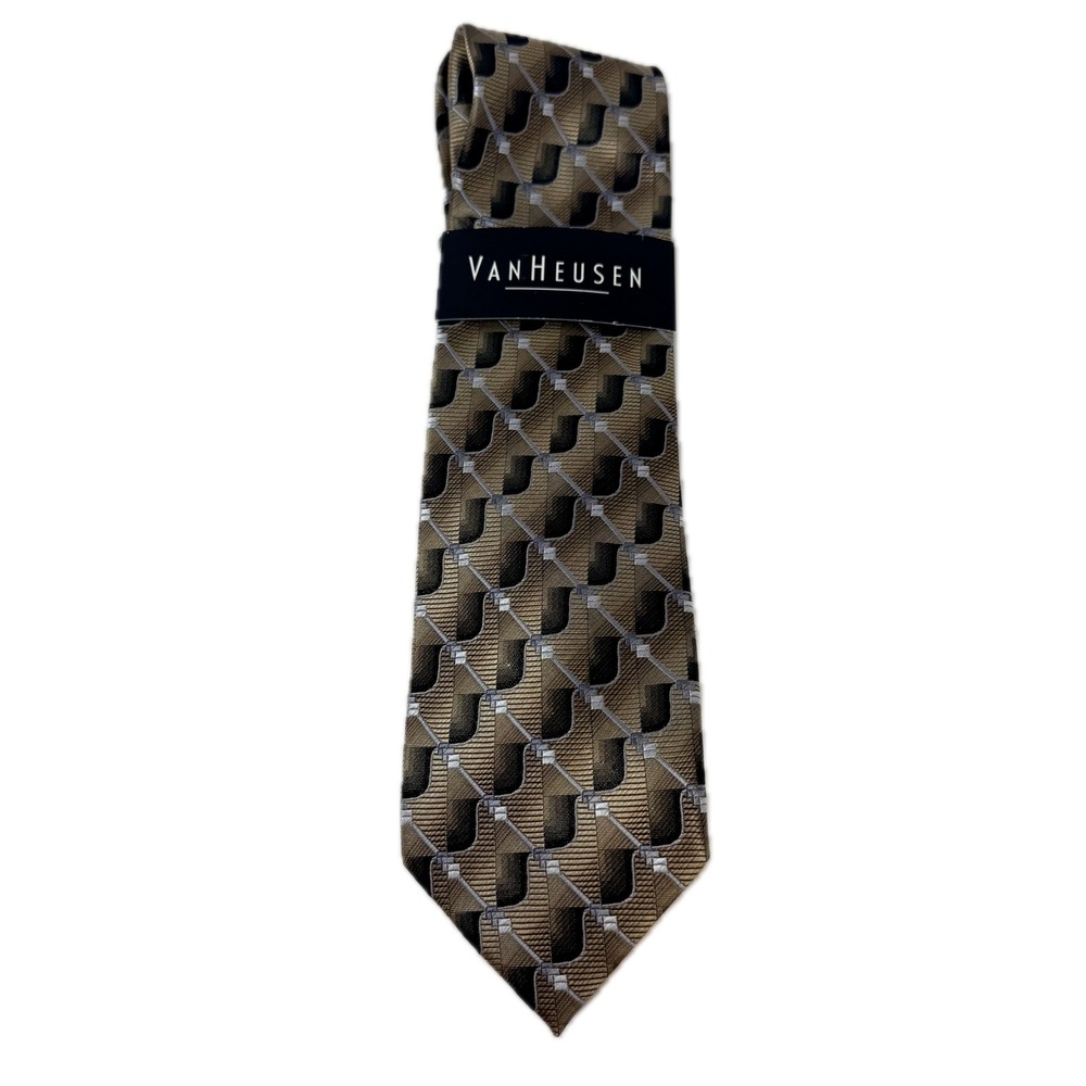 Van Heusen Mens South Beach Geos Gold Tan Geometric Stain Resistant Necktie NWT